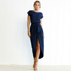 2019 New Spring Fashion Elegant Dress Plus Size Women Clothing Casual Short Sleeve O-Neck Blue Dress Loose Split Irregular Dress