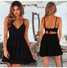 Summer Women Lace Dress Sexy Backless V-neck Beach Dresses 2019 Fashion Sleeveless Spaghetti Strap White Casual Mini Sundress