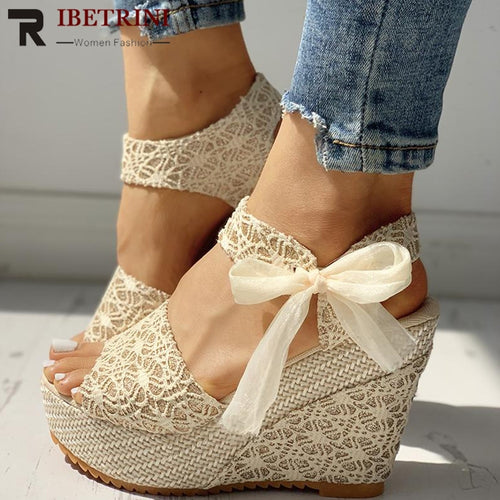 RIBETRINI 2019 fashion INS Hot Lace Leisure Women Wedges Heeled Women Shoes Summer Sandals Party Platform High Heels Shoes Woman